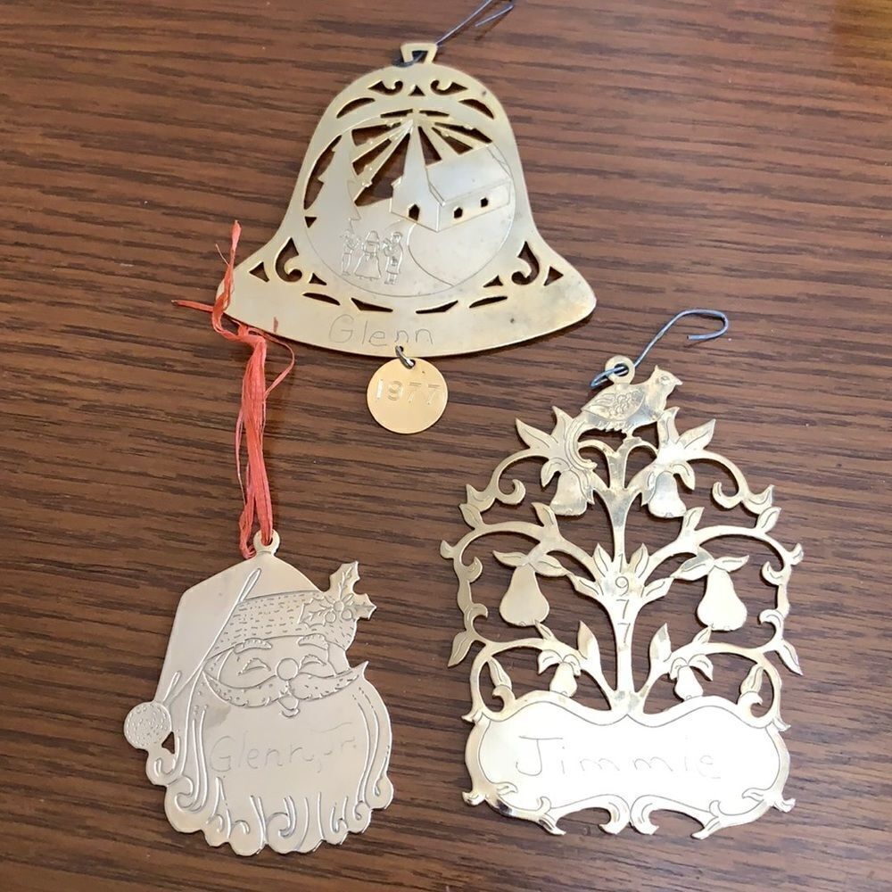 3 vintage brass engraved Lillikins Lillian Vernon Christmas‎ tree ornaments
